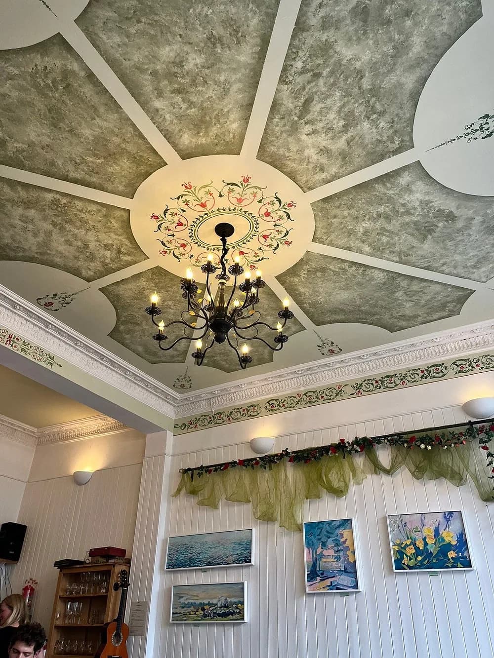 Hand-painted ceiling with chandelier