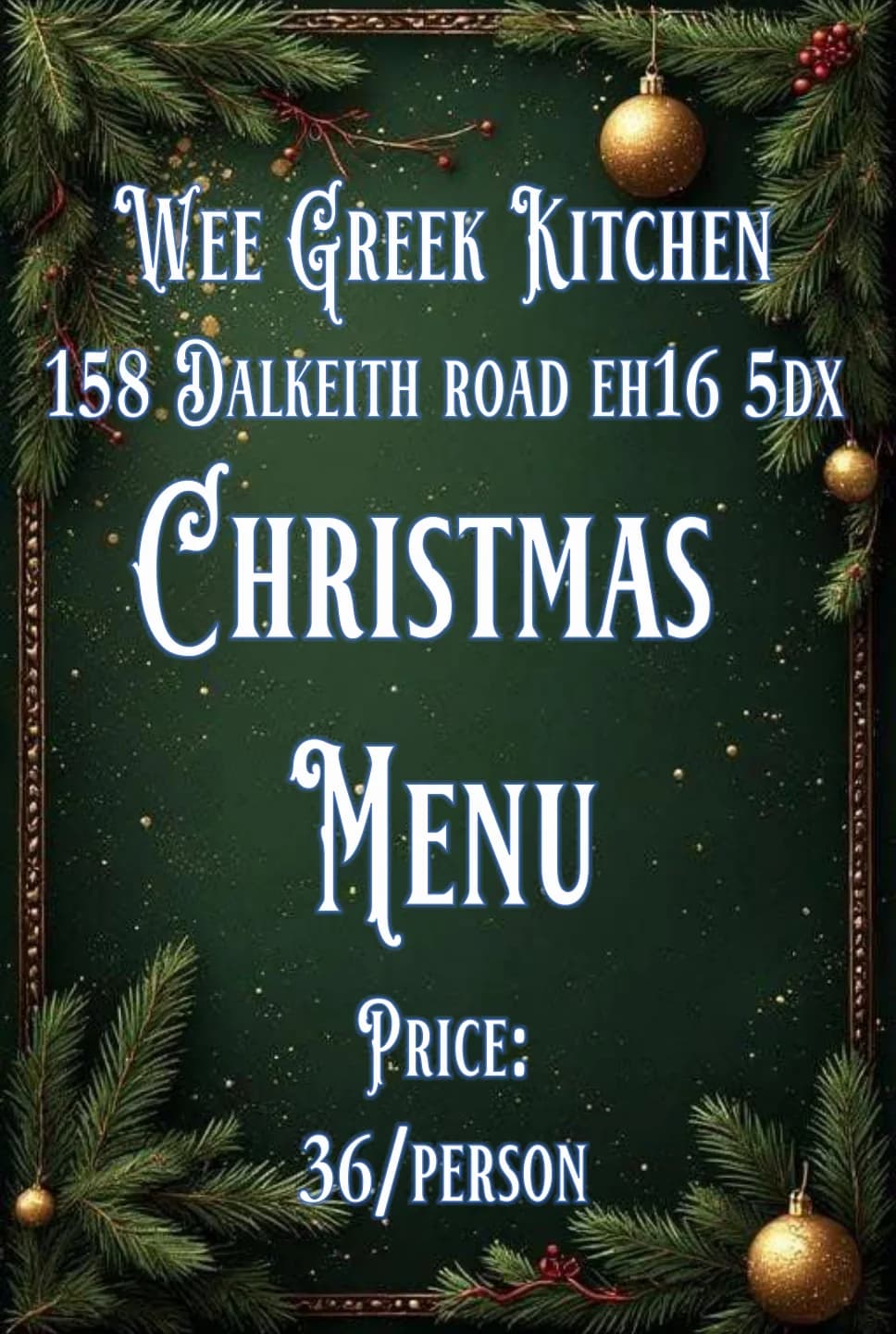 Wee Greek Kitchen Christmas menu cover: £36 per person